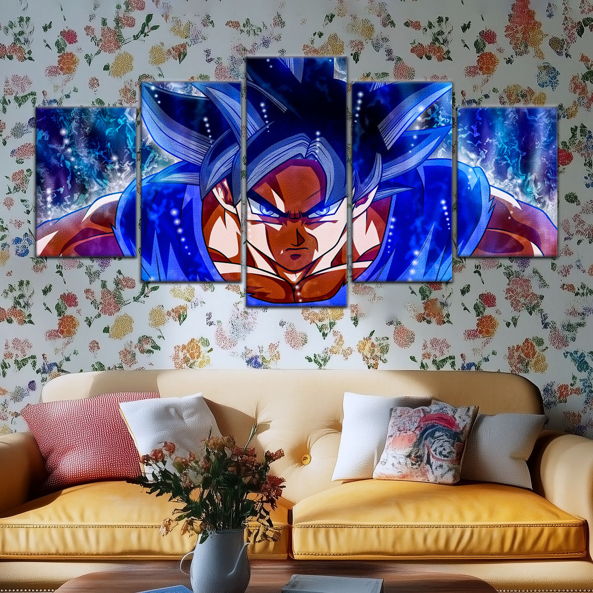 Dragon Ball Super Ultra Instinct Goku Canvas Wall Art - 5 Piece Split Panel DBZ Anime Poster - Ready to Hang Living Room Man Cave Decor - DR5089
