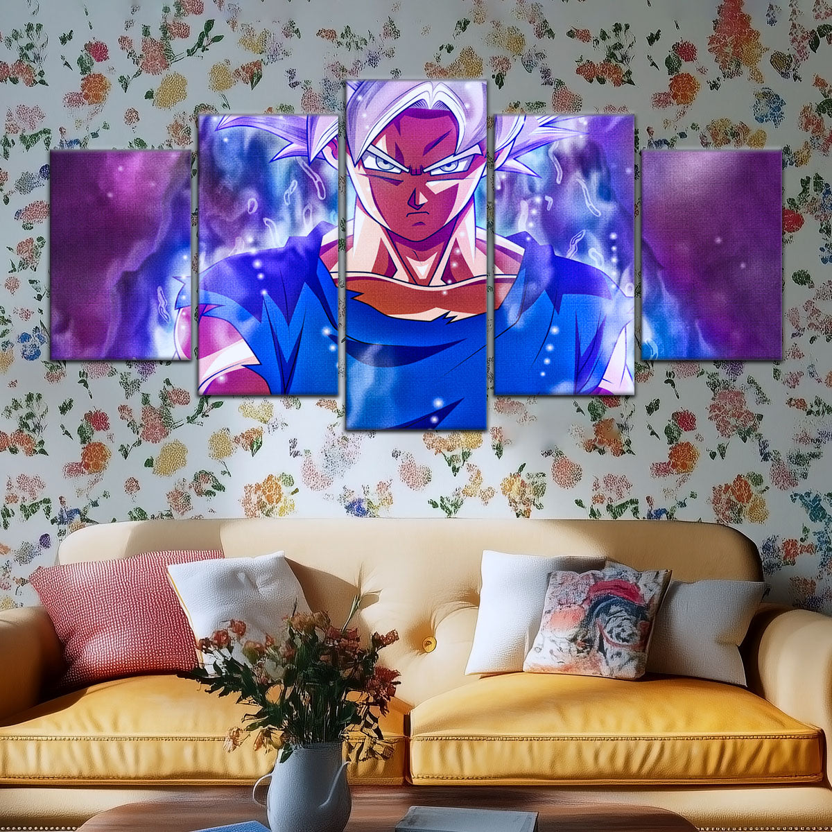 Dragon Ball Super Ultra Instinct Goku Canvas Wall Art - 5 Piece Split Panel DBZ Anime Poster - Ready to Hang Living Room Man Cave Decor - DR5090