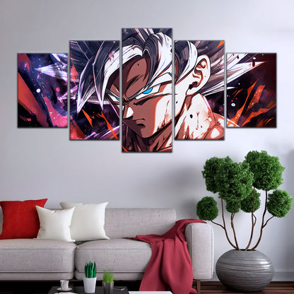 Dragon Ball Super Ultra Instinct Goku Canvas Wall Art - 5 Piece Split Panel DBZ Anime Poster - Ready to Hang Living Room Man Cave Decor - DR5091