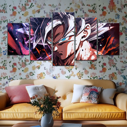 Dragon Ball Super Ultra Instinct Goku Canvas Wall Art - 5 Piece Split Panel DBZ Anime Poster - Ready to Hang Living Room Man Cave Decor - DR5091