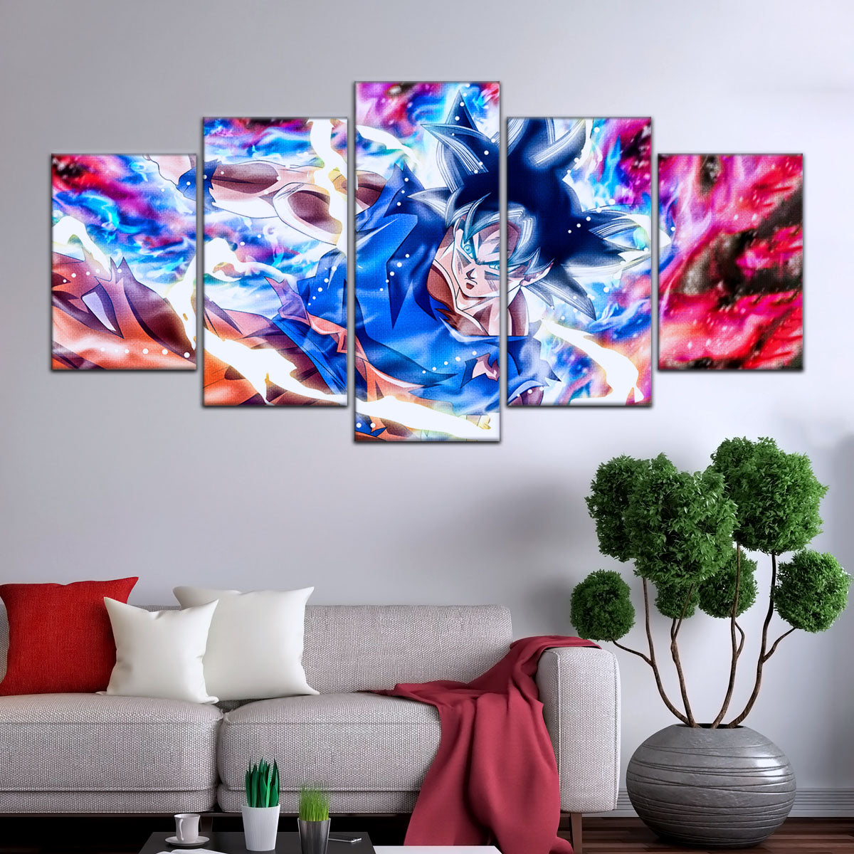 Dragon Ball Super Ultra Instinct Goku Canvas Wall Art - 5 Piece Split Panel DBZ Anime Poster - Ready to Hang Living Room Man Cave Decor - DR5092