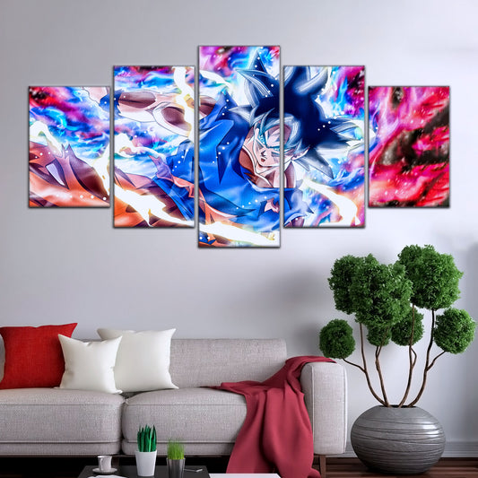 Dragon Ball Super Ultra Instinct Goku Canvas Wall Art - 5 Piece Split Panel DBZ Anime Poster - Ready to Hang Living Room Man Cave Decor - DR5092