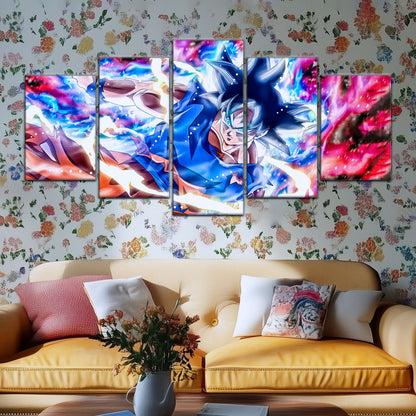 Dragon Ball Super Ultra Instinct Goku Canvas Wall Art - 5 Piece Split Panel DBZ Anime Poster - Ready to Hang Living Room Man Cave Decor - DR5092