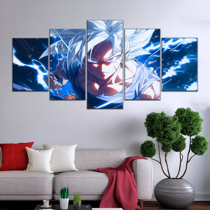 Dragon Ball Super Ultra Instinct Goku Canvas Wall Art - 5 Piece Split Panel DBZ Anime Poster - Ready to Hang Living Room Man Cave Decor - DR5094