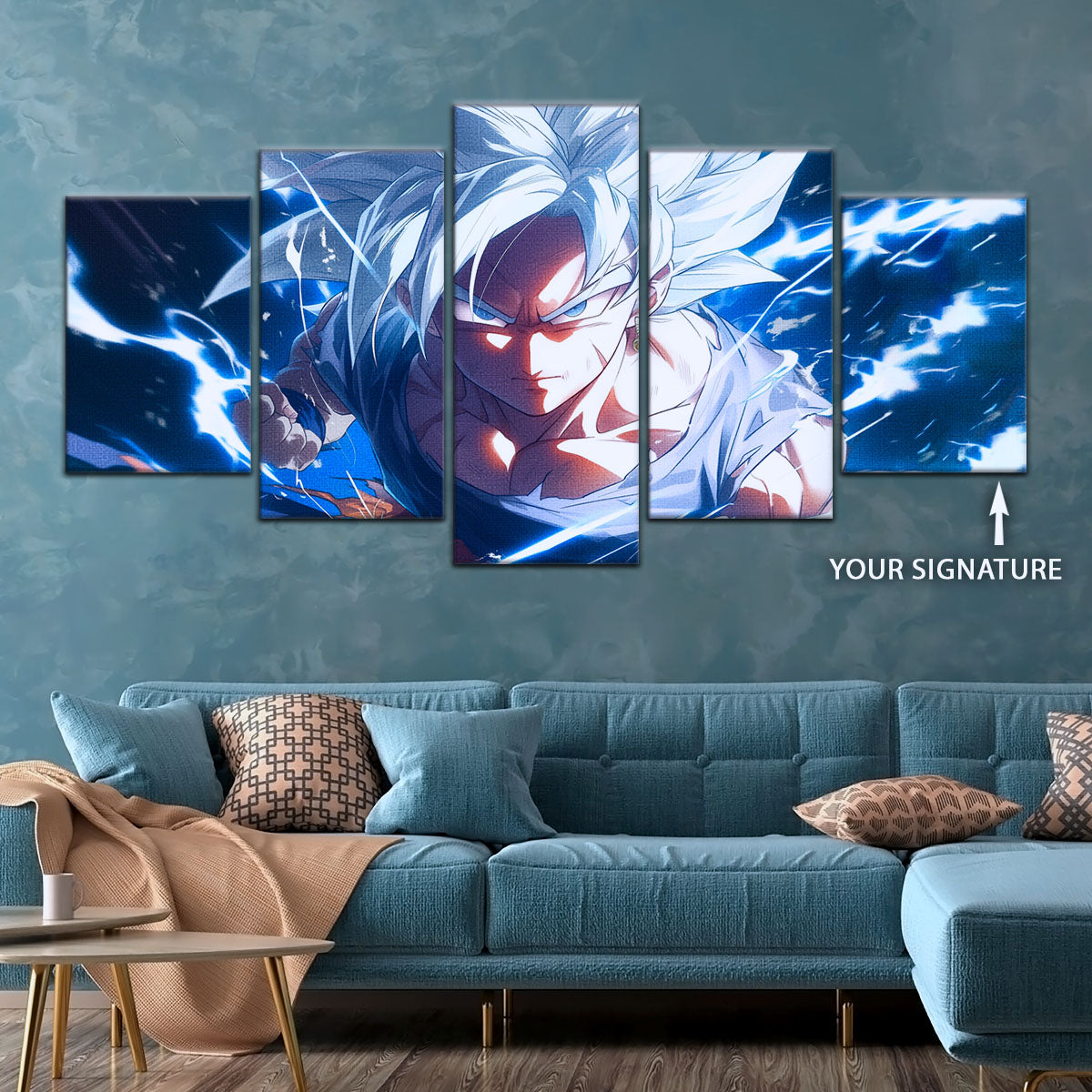 Dragon Ball Super Ultra Instinct Goku Canvas Wall Art - 5 Piece Split Panel DBZ Anime Poster - Ready to Hang Living Room Man Cave Decor - DR5094