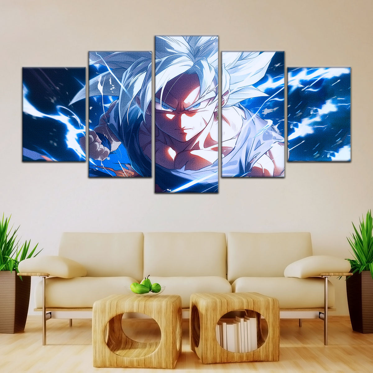 Dragon Ball Super Ultra Instinct Goku Canvas Wall Art - 5 Piece Split Panel DBZ Anime Poster - Ready to Hang Living Room Man Cave Decor - DR5094