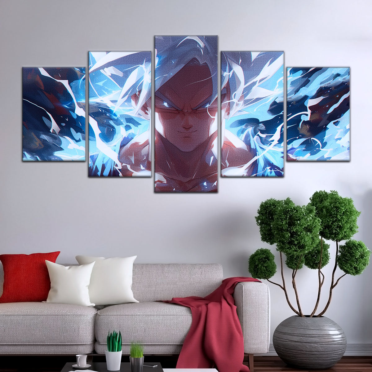 Dragon Ball Super Ultra Instinct Goku Canvas Wall Art - 5 Piece Split Panel DBZ Anime Poster - Ready to Hang Living Room Man Cave Decor - DR5095