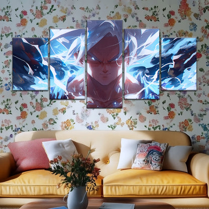 Dragon Ball Super Ultra Instinct Goku Canvas Wall Art - 5 Piece Split Panel DBZ Anime Poster - Ready to Hang Living Room Man Cave Decor - DR5095