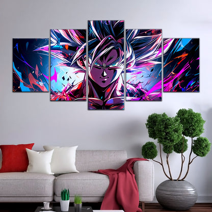 Dragon Ball Super Ultra Instinct Goku Canvas Wall Art - 5 Piece Split Panel DBZ Anime Poster - Ready to Hang Living Room Man Cave Decor - DR5096