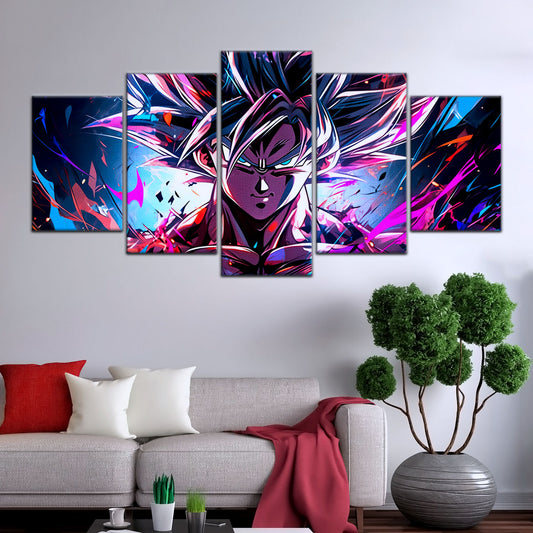 Dragon Ball Super Ultra Instinct Goku Canvas Wall Art - 5 Piece Split Panel DBZ Anime Poster - Ready to Hang Living Room Man Cave Decor - DR5096