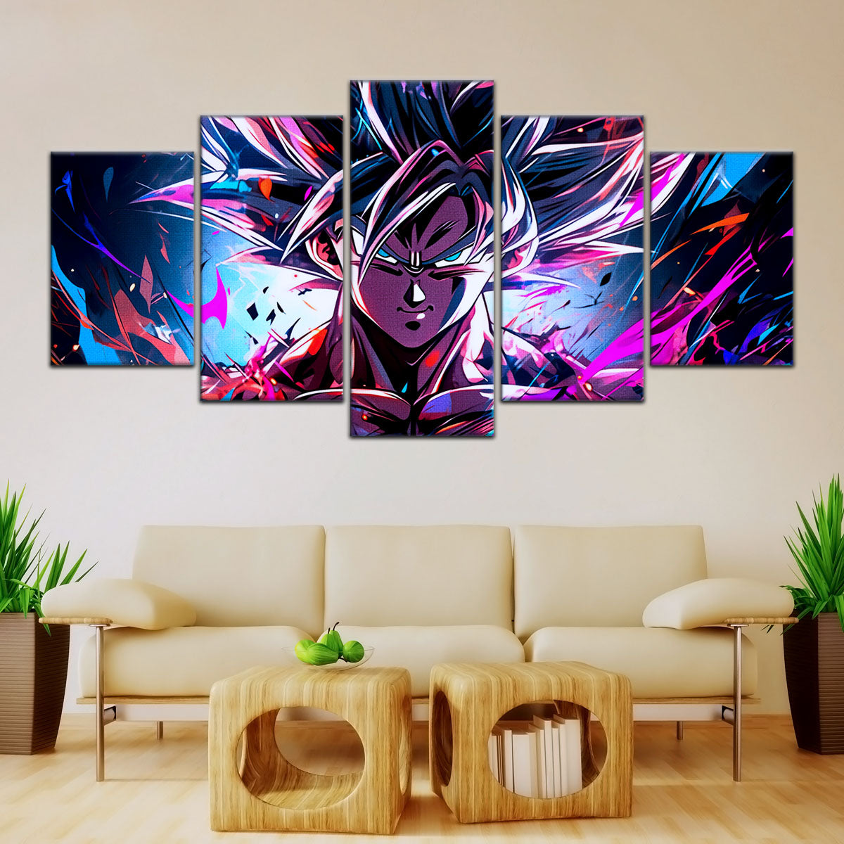 Dragon Ball Super Ultra Instinct Goku Canvas Wall Art - 5 Piece Split Panel DBZ Anime Poster - Ready to Hang Living Room Man Cave Decor - DR5096