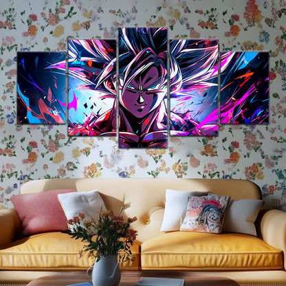 Dragon Ball Super Ultra Instinct Goku Canvas Wall Art - 5 Piece Split Panel DBZ Anime Poster - Ready to Hang Living Room Man Cave Decor - DR5096