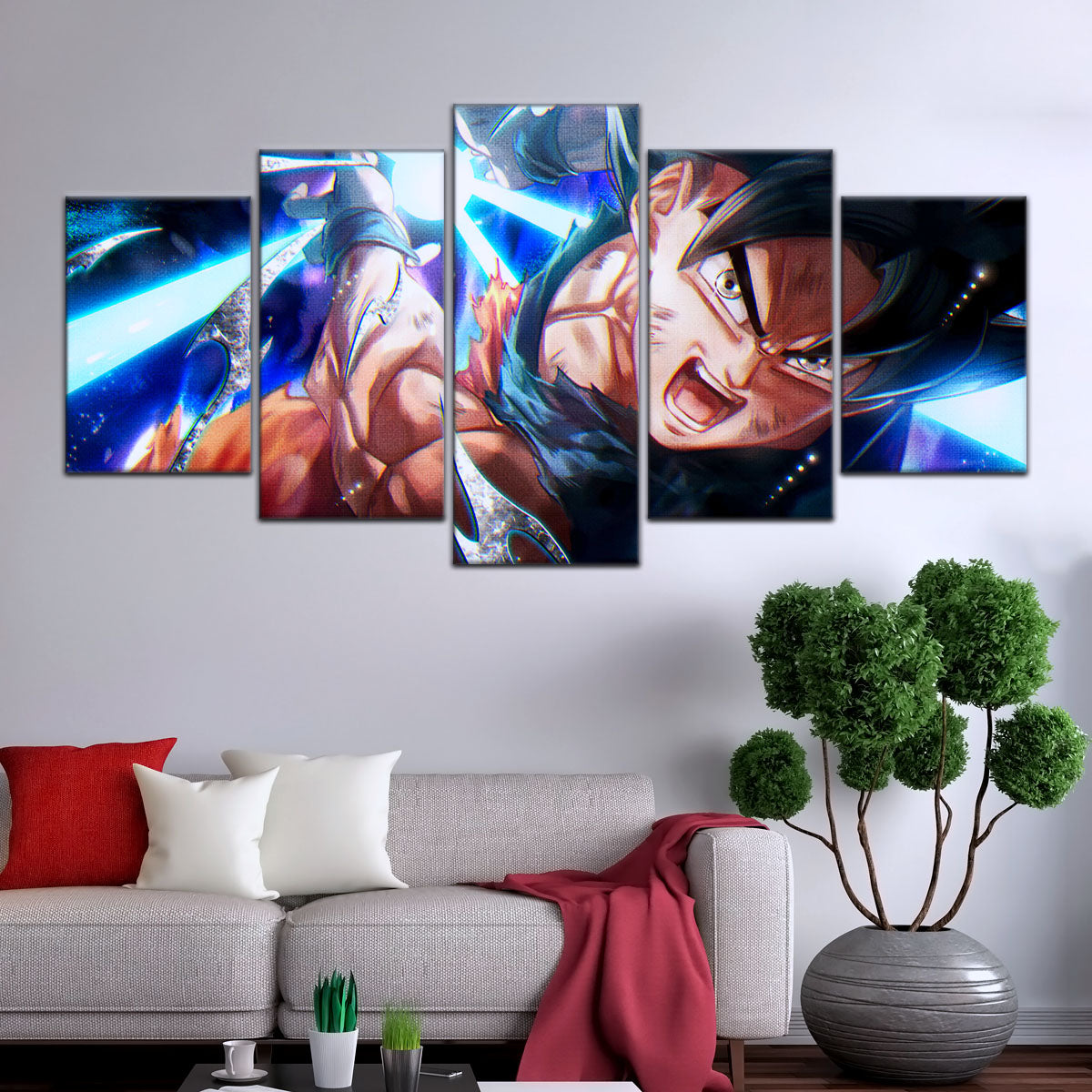 Dragon Ball Super Ultra Instinct Goku Canvas Wall Art - 5 Piece Split Panel DBZ Anime Poster - Ready to Hang Living Room Man Cave Decor - DR5097