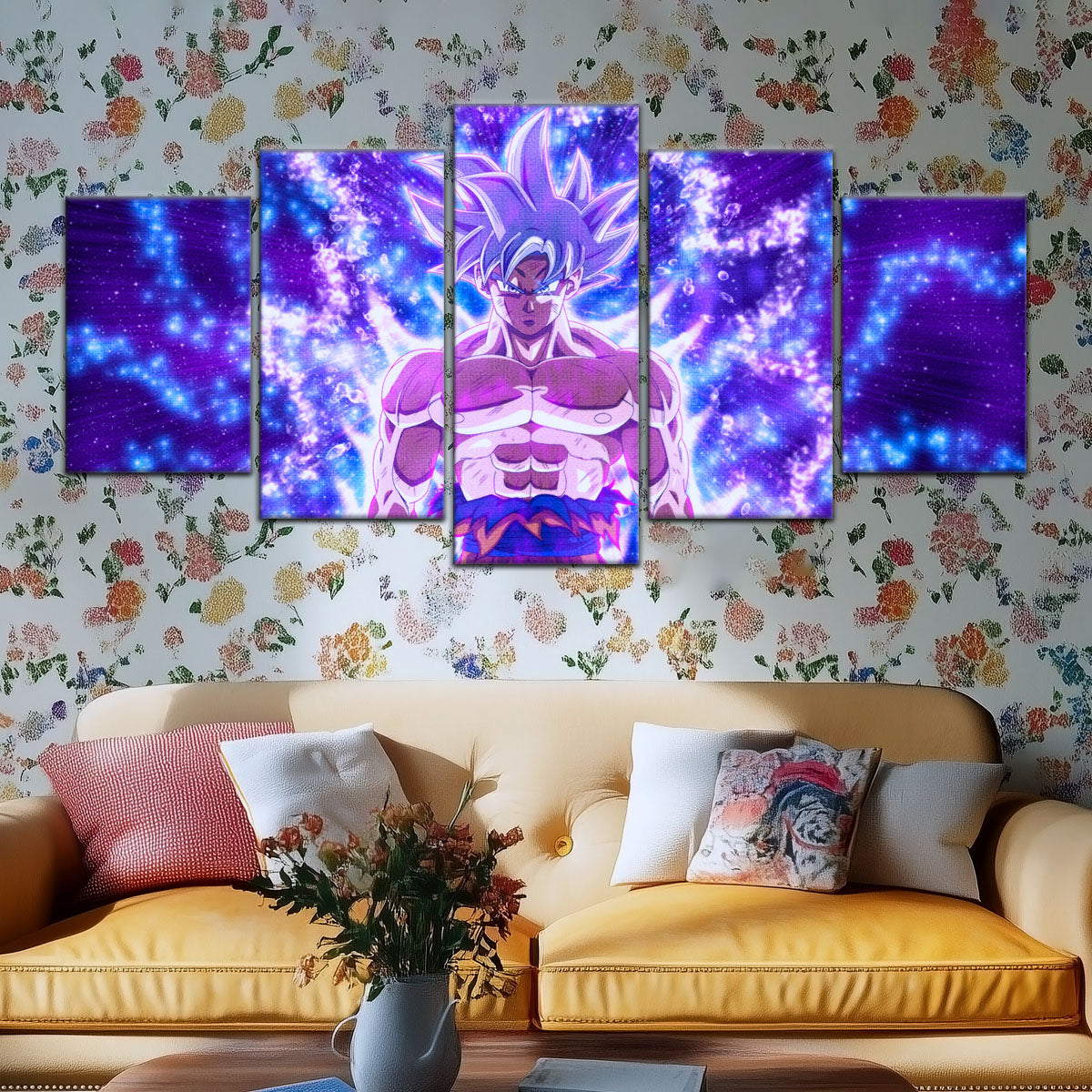 Dragon Ball Super Ultra Instinct Goku Canvas Wall Art - 5 Piece Split Panel DBZ Anime Poster - Ready to Hang Living Room Man Cave Decor - DR5098
