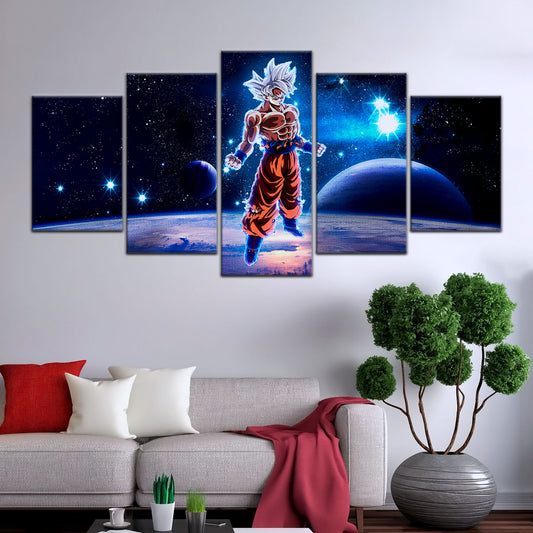 Dragon Ball Super Ultra Instinct Goku Canvas Wall Art - 5 Piece Split Panel DBZ Anime Poster - Ready to Hang Living Room Man Cave Decor - DR5099