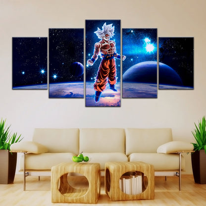 Dragon Ball Super Ultra Instinct Goku Canvas Wall Art - 5 Piece Split Panel DBZ Anime Poster - Ready to Hang Living Room Man Cave Decor - DR5099