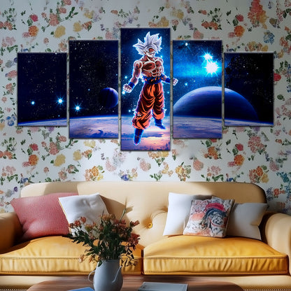 Dragon Ball Super Ultra Instinct Goku Canvas Wall Art - 5 Piece Split Panel DBZ Anime Poster - Ready to Hang Living Room Man Cave Decor - DR5099