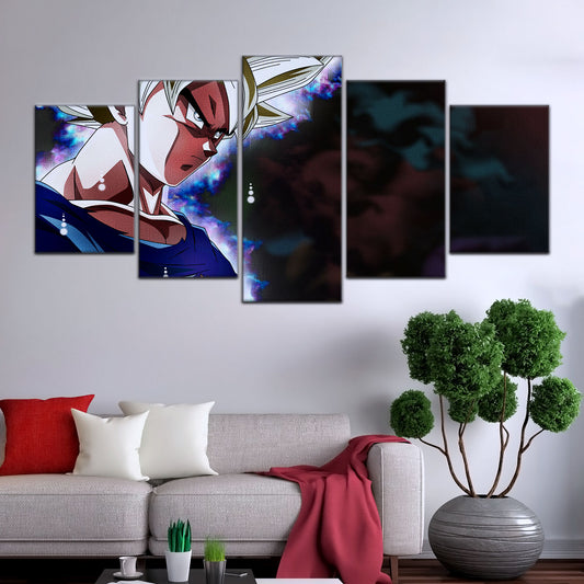 Dragon Ball Super Ultra Instinct Goku Canvas Wall Art - 5 Piece Split Panel DBZ Anime Poster - Ready to Hang Living Room Man Cave Decor - DR5101
