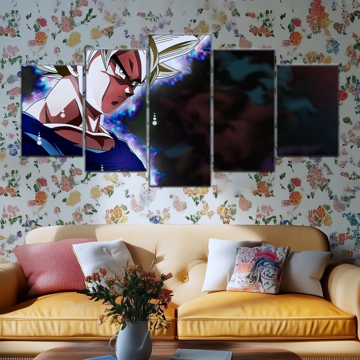 Dragon Ball Super Ultra Instinct Goku Canvas Wall Art - 5 Piece Split Panel DBZ Anime Poster - Ready to Hang Living Room Man Cave Decor - DR5101