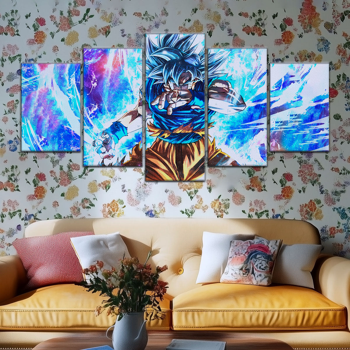 Dragon Ball Super Ultra Instinct Goku Canvas Wall Art - 5 Piece Split Panel DBZ Anime Poster - Ready to Hang Living Room Man Cave Decor - DR5114