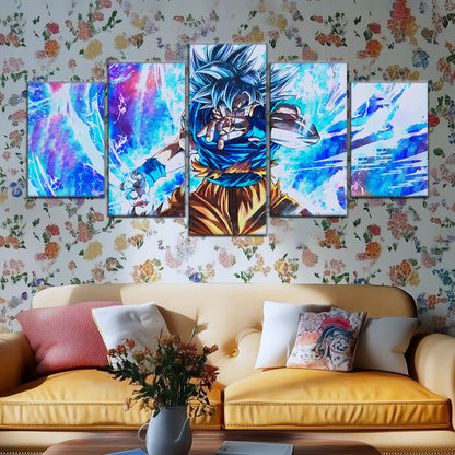 Dragon Ball Super Ultra Instinct Goku Canvas Wall Art - 5 Piece Split Panel DBZ Anime Poster - Ready to Hang Living Room Man Cave Decor - DR5114