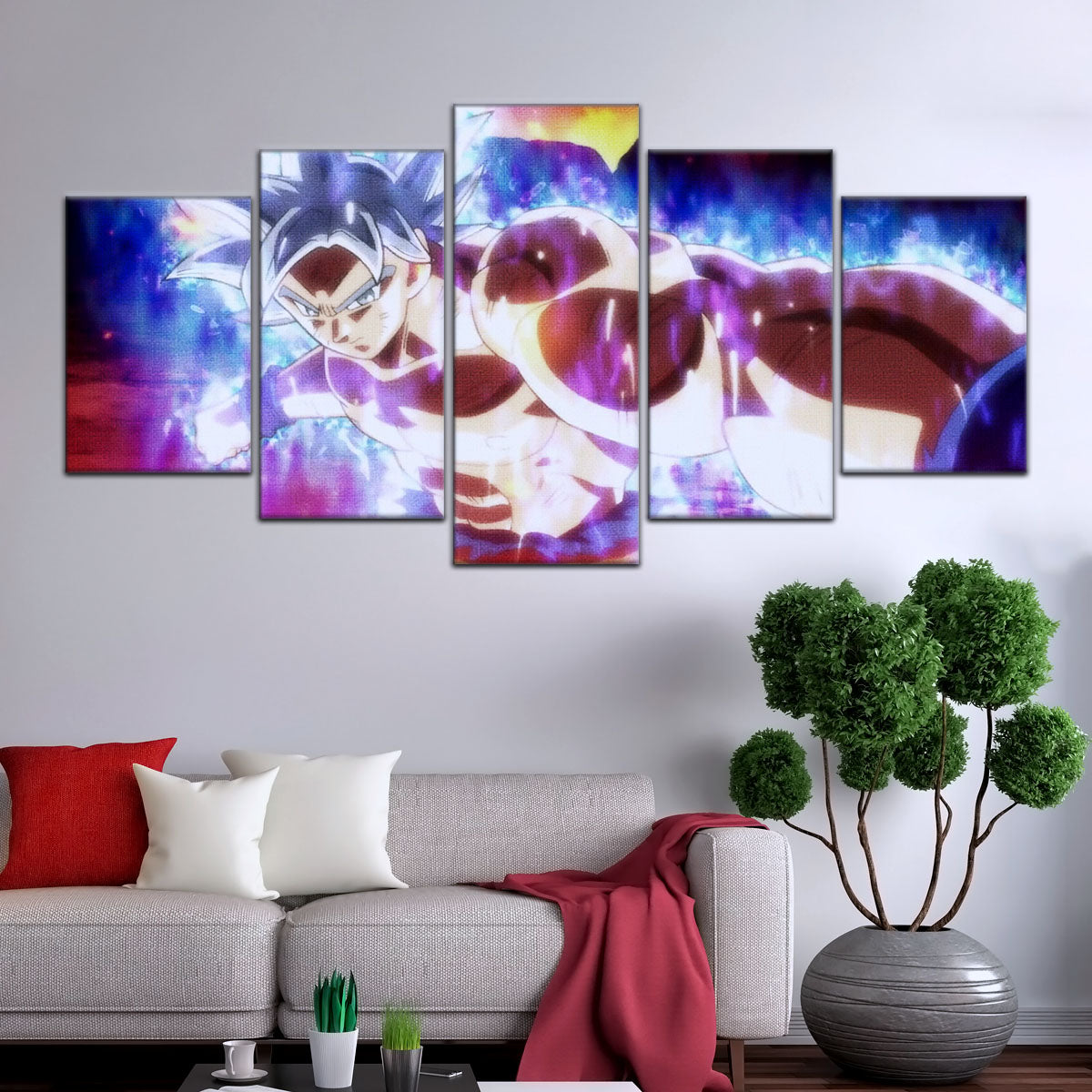 Dragon Ball Super Ultra Instinct Goku Canvas Wall Art - 5 Piece Split Panel DBZ Poster - Framed Ready to Hang Living Room Man Cave Decor - DR5100