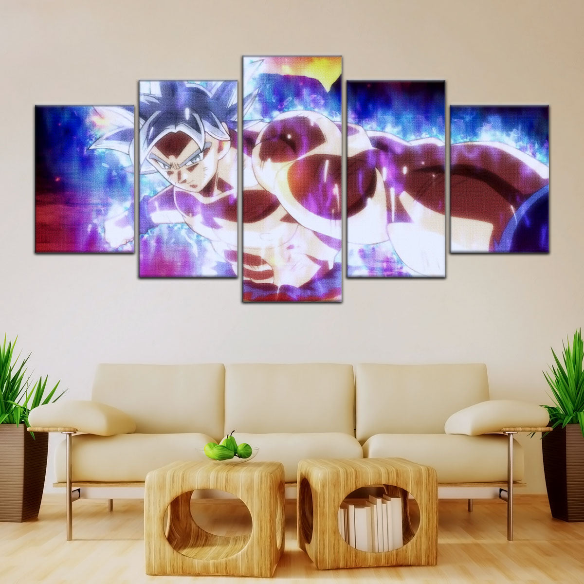 Dragon Ball Super Ultra Instinct Goku Canvas Wall Art - 5 Piece Split Panel DBZ Poster - Framed Ready to Hang Living Room Man Cave Decor - DR5100