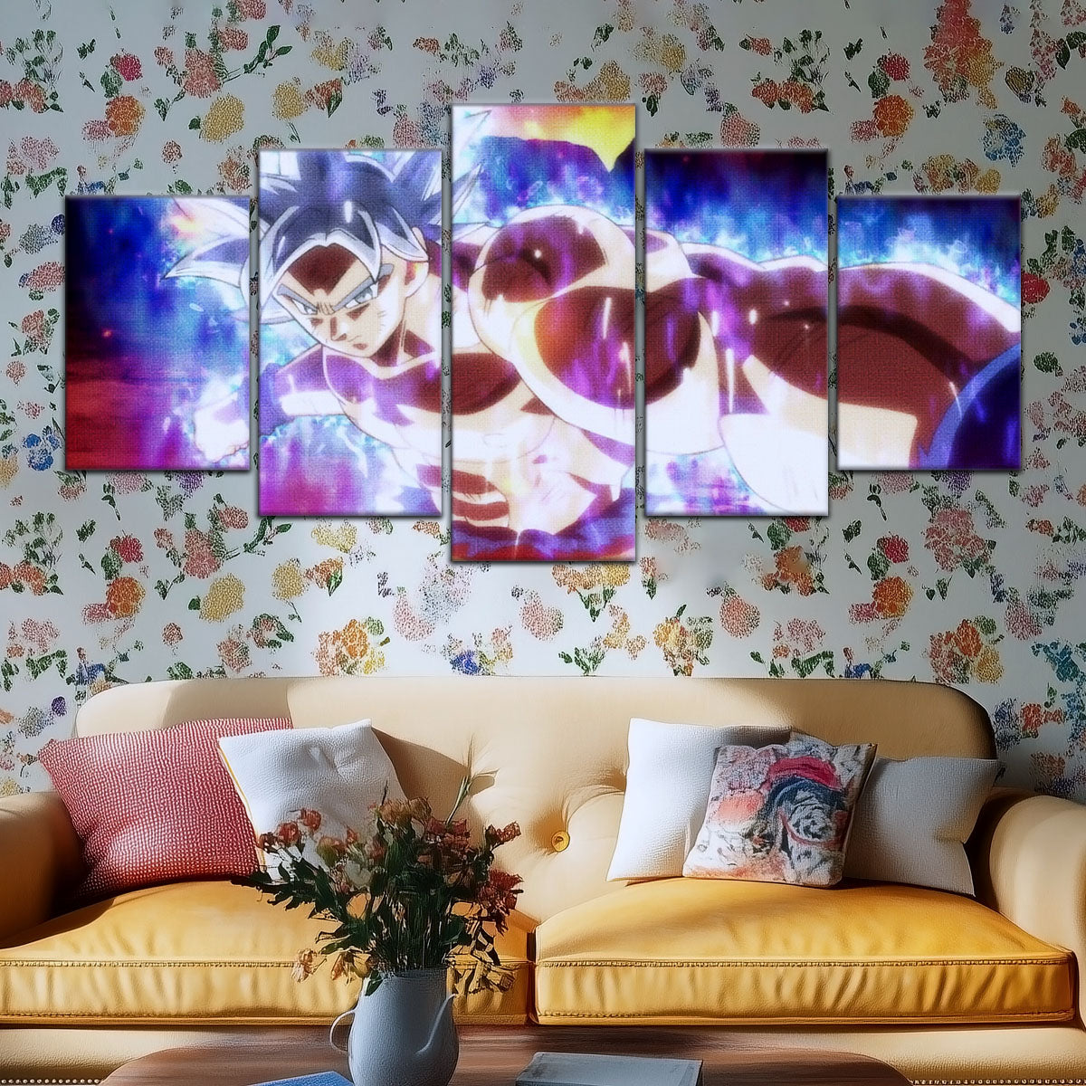 Dragon Ball Super Ultra Instinct Goku Canvas Wall Art - 5 Piece Split Panel DBZ Poster - Framed Ready to Hang Living Room Man Cave Decor - DR5100