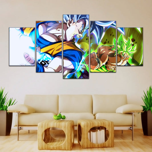 Dragon Ball Super Ultra Instinct Goku vs Broly Canvas Wall Art - 5 Piece Split Panel DBZ Poster - Ready to Hang Living Room Man Cave Decor - DR5024