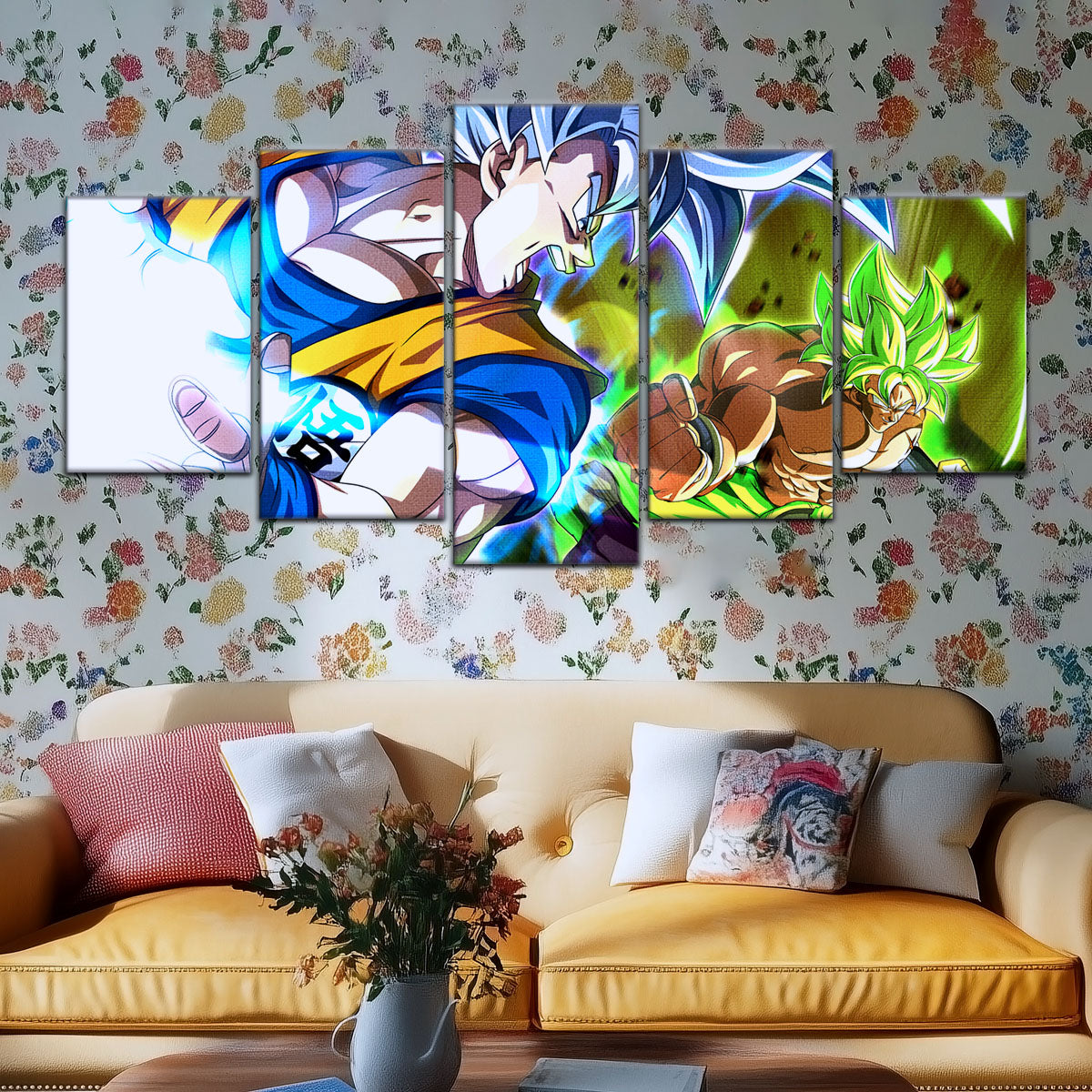 Dragon Ball Super Ultra Instinct Goku vs Broly Canvas Wall Art - 5 Piece Split Panel DBZ Poster - Ready to Hang Living Room Man Cave Decor - DR5024