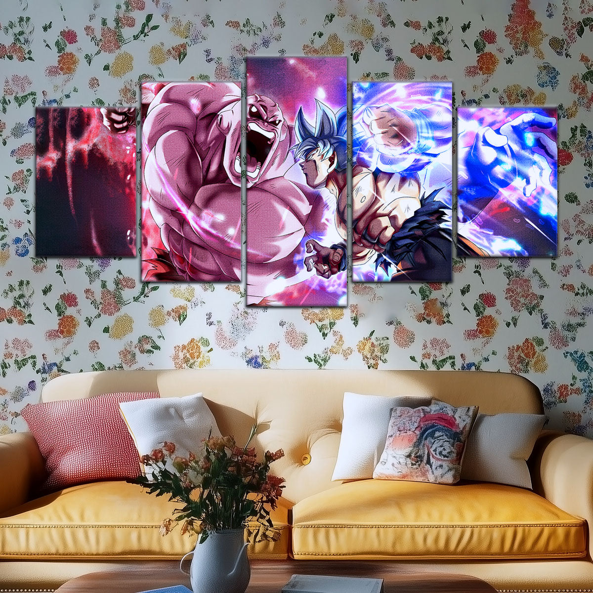 Dragon Ball Super Ultra Instinct Goku vs Jiren Canvas Wall Art - 5 Piece Split Panel Anime Poster - Ready to Hang Living Room Man Cave Decor - DR5087