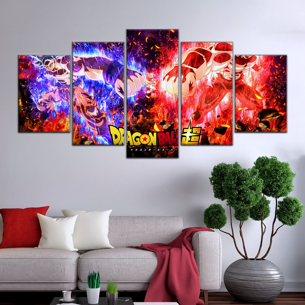 Dragon Ball Super Ultra Instinct Goku vs Jiren Canvas Wall Art - 5 Piece Split Panel DBZ Poster - Ready to Hang Living Room Man Cave Decor - DR5102