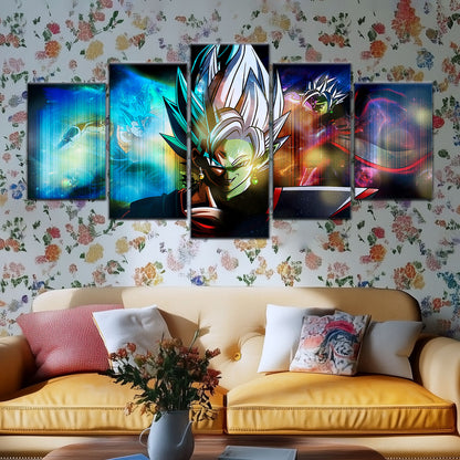 Dragon Ball Super Zamasu vs Vegito Canvas Wall Art - 5 Piece Split Panel DBZ Anime Poster - Framed Ready to Hang Living Room Man Cave Decor - DR5138