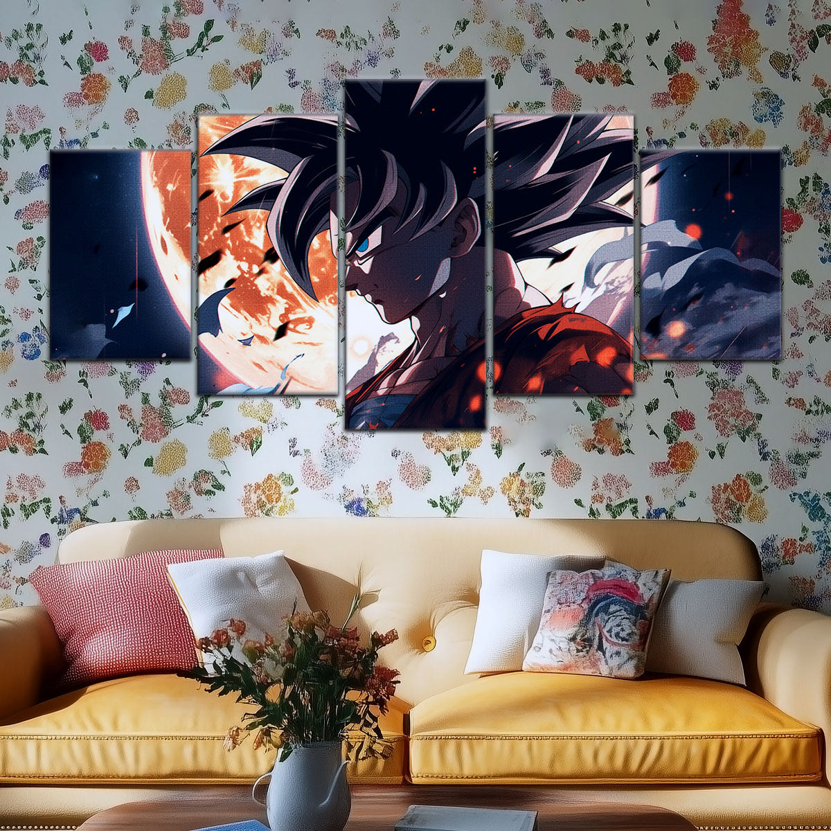 Dragon Ball Z Epic Goku Canvas Wall Art - 5 Piece Split Panel Anime Poster - Framed Ready to Hang Living Room Man Cave Decor - DR5025