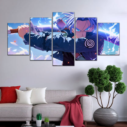 Dragon Ball Z Future Trunks Canvas Wall Art - 5 Piece Split Panel Anime Poster - Framed Ready to Hang Living Room Man Cave Decor - DR5109