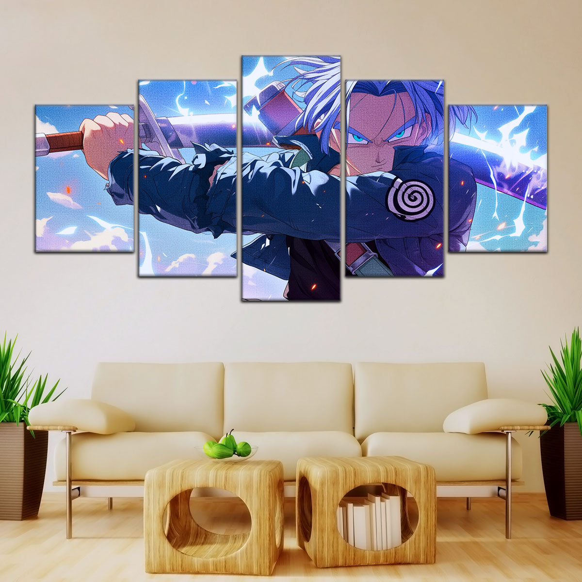 Dragon Ball Z Future Trunks Canvas Wall Art - 5 Piece Split Panel Anime Poster - Framed Ready to Hang Living Room Man Cave Decor - DR5109