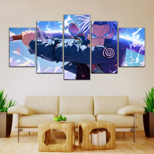 Dragon Ball Z Future Trunks Canvas Wall Art - 5 Piece Split Panel Anime Poster - Framed Ready to Hang Living Room Man Cave Decor - DR5109