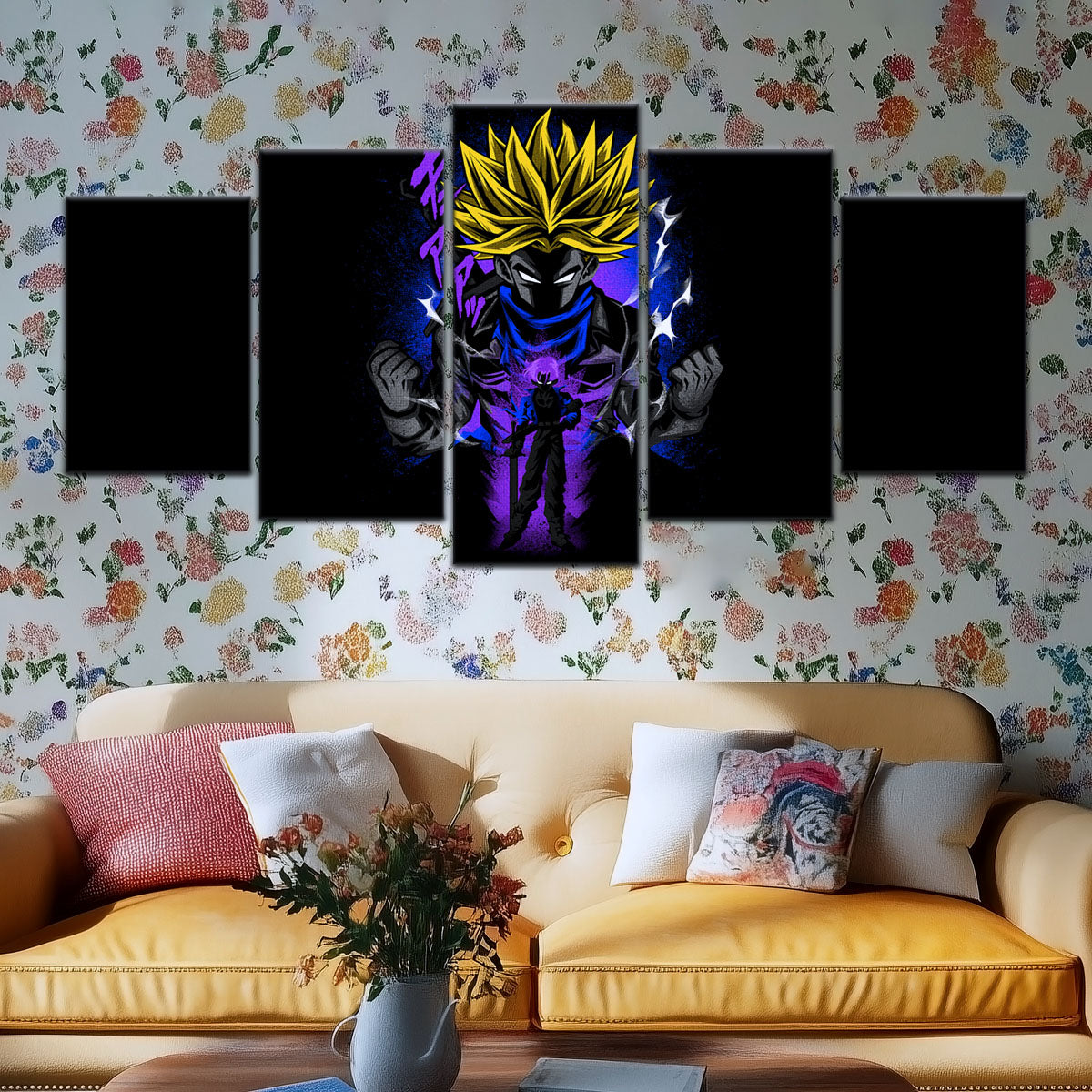 Dragon Ball Z Future Trunks Super Saiyan Canvas Wall Art - 5 Piece Split Panel DBZ Poster - Framed Ready to Hang Living Room Man Cave Decor - DR5108