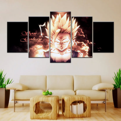 Dragon Ball Z Gohan Super Saiyan Canvas Wall Art - 5 Piece Split Panel Anime Poster - Framed Ready to Hang Living Room Man Cave Decor - DR5032