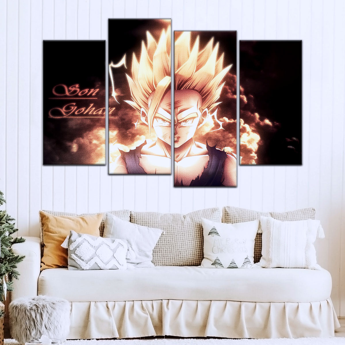 Dragon Ball Z Gohan Super Saiyan Canvas Wall Art - 5 Piece Split Panel Anime Poster - Framed Ready to Hang Living Room Man Cave Decor - DR5032