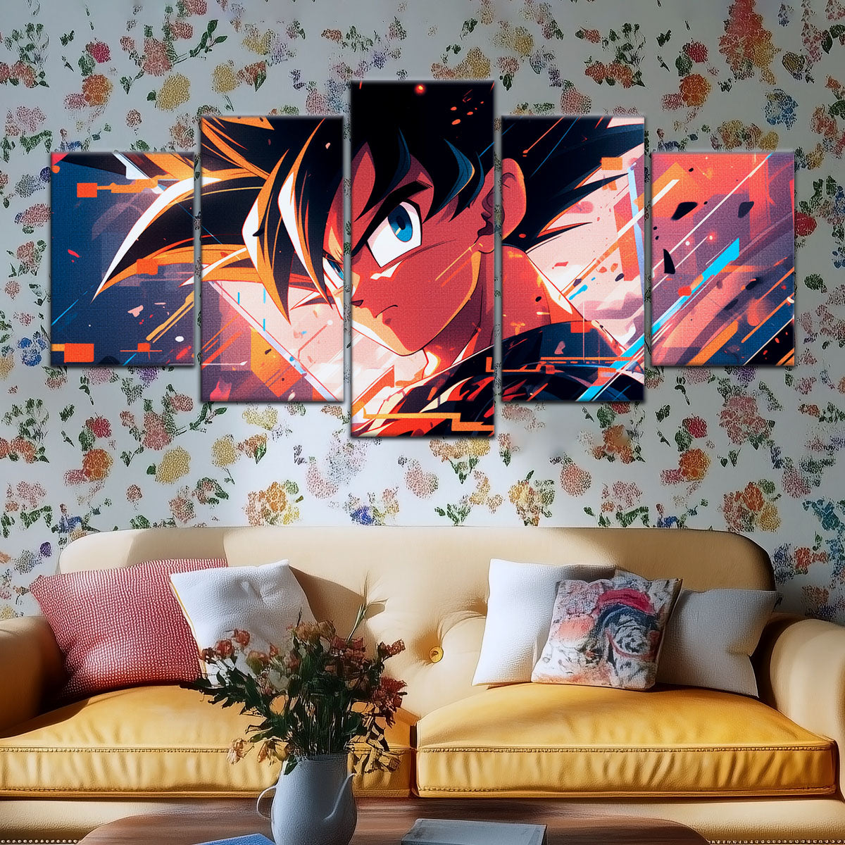 Dragon Ball Z Goku Canvas Wall Art - 5 Piece Split Panel Anime Poster - Framed Ready to Hang Living Room Man Cave Decor - DR5035