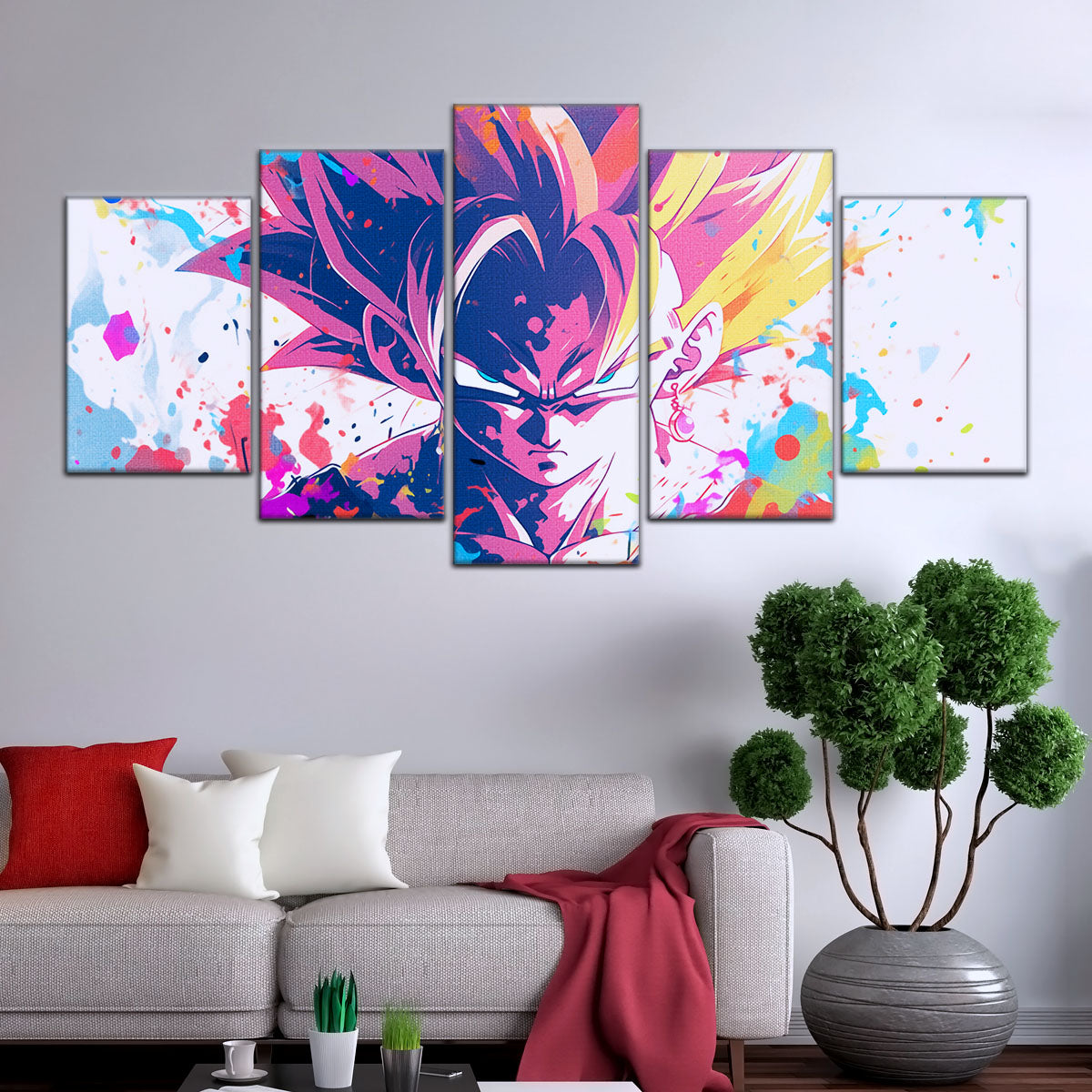 Dragon Ball Z Goku Super Saiyan Canvas Wall Art - 5 Piece Split Panel Anime Poster - Framed Ready to Hang Living Room Man Cave Decor - DR5038