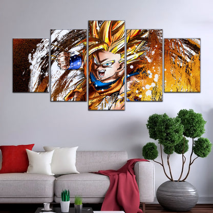 Dragon Ball Z Goku Super Saiyan Canvas Wall Art - 5 Piece Split Panel Anime Poster - Framed Ready to Hang Living Room Man Cave Decor - DR5039
