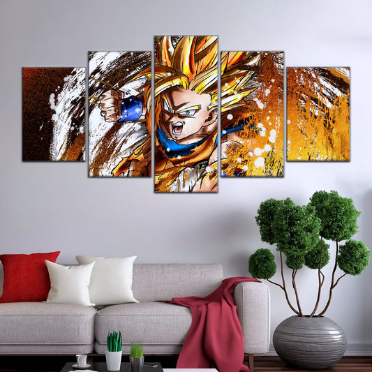 Dragon Ball Z Goku Super Saiyan Canvas Wall Art - 5 Piece Split Panel Anime Poster - Framed Ready to Hang Living Room Man Cave Decor - DR5039