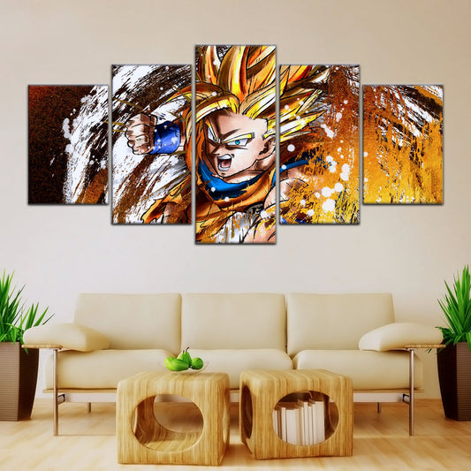 Dragon Ball Z Goku Super Saiyan Canvas Wall Art - 5 Piece Split Panel Anime Poster - Framed Ready to Hang Living Room Man Cave Decor - DR5039