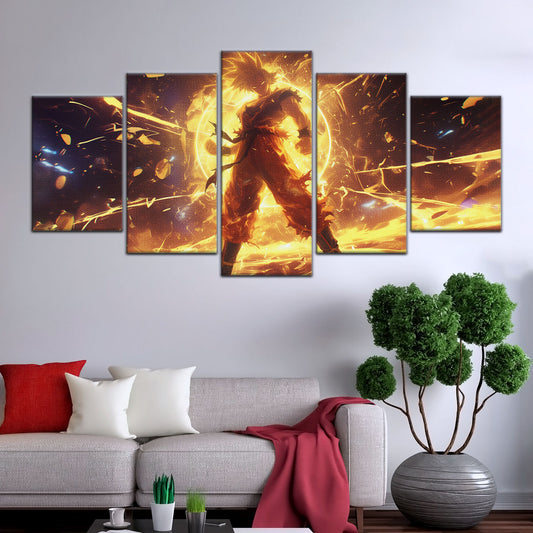 Dragon Ball Z Goku Super Saiyan Canvas Wall Art - 5 Piece Split Panel Anime Poster - Framed Ready to Hang Living Room Man Cave Decor - DR5042