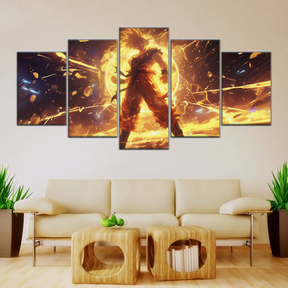 Dragon Ball Z Goku Super Saiyan Canvas Wall Art - 5 Piece Split Panel Anime Poster - Framed Ready to Hang Living Room Man Cave Decor - DR5042