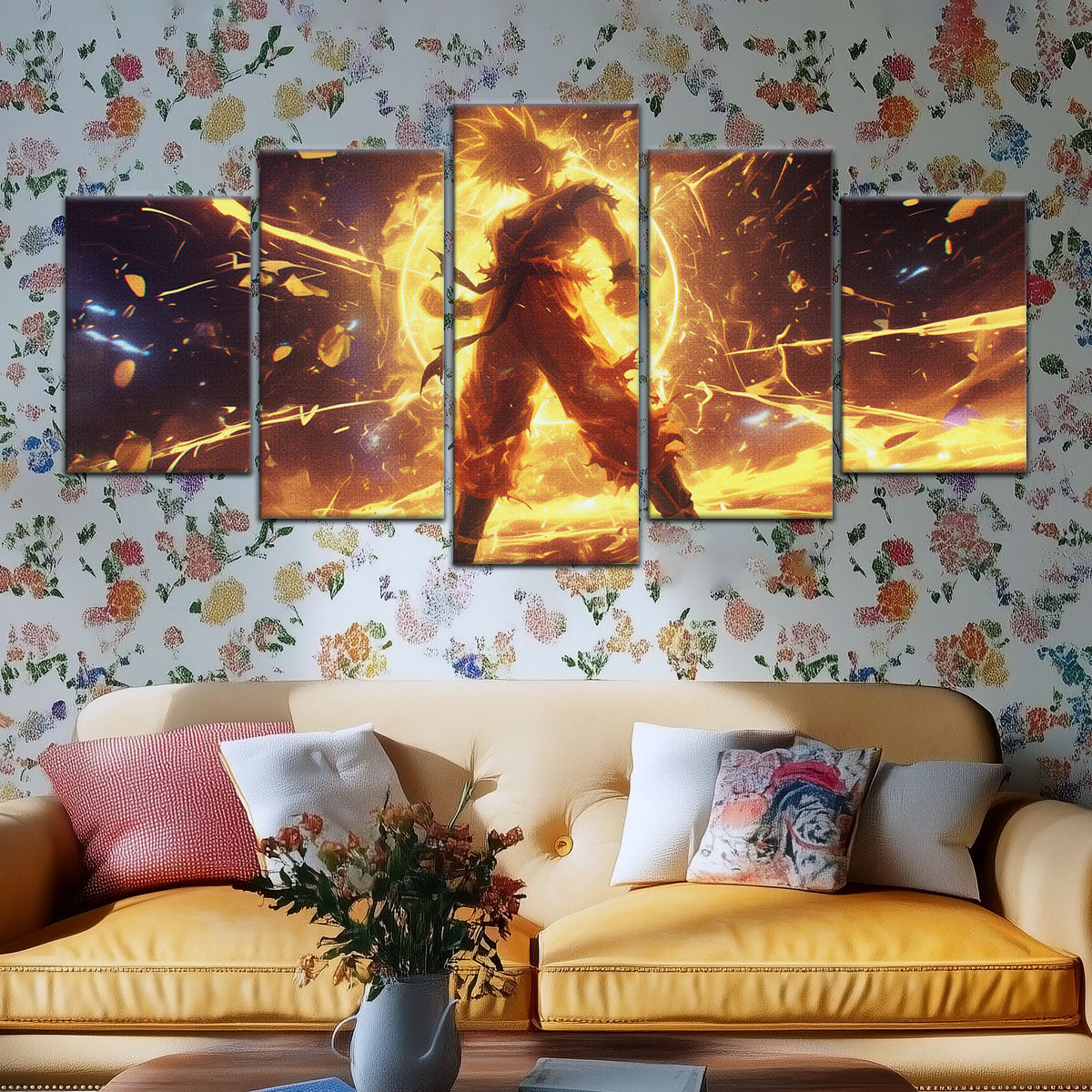 Dragon Ball Z Goku Super Saiyan Canvas Wall Art - 5 Piece Split Panel Anime Poster - Framed Ready to Hang Living Room Man Cave Decor - DR5042