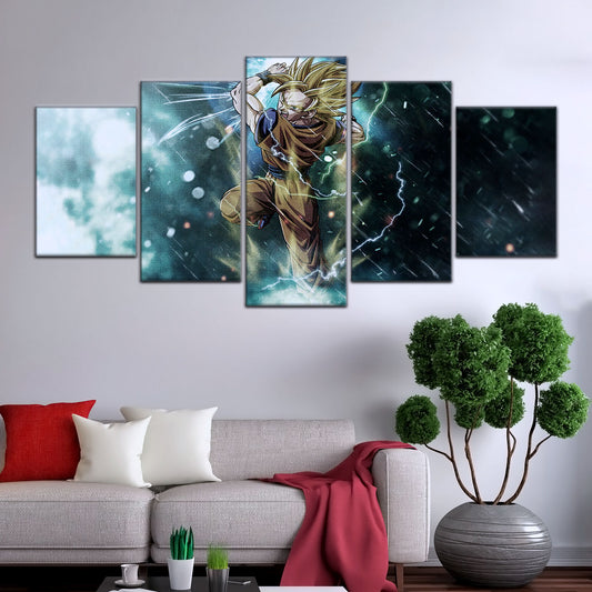 Dragon Ball Z Goku Super Saiyan Canvas Wall Art - 5 Piece Split Panel Anime Poster - Framed Ready to Hang Living Room Man Cave Decor - DR5044