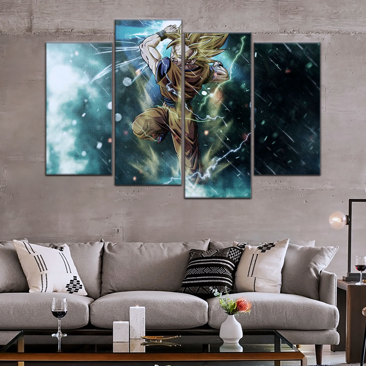 Dragon Ball Z Goku Super Saiyan Canvas Wall Art - 5 Piece Split Panel Anime Poster - Framed Ready to Hang Living Room Man Cave Decor - DR5044